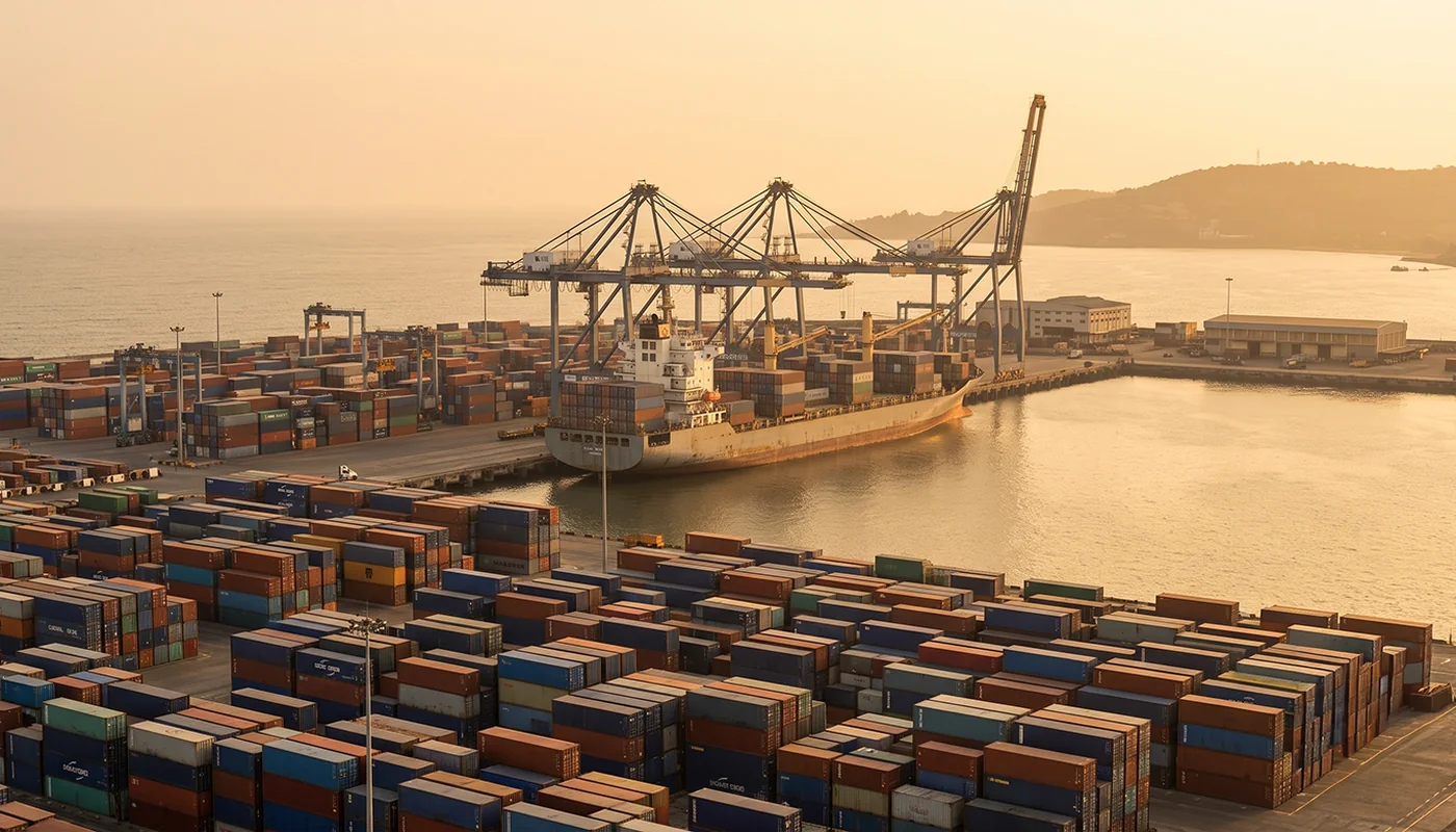 Container ship being loaded at Pipavav port under a warm evening sky, cranes and stacked containers