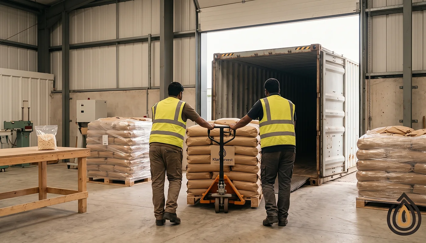 Workers stuffing palletised 20 kg bags of dehydrated onion into a 20 foot container at a godown