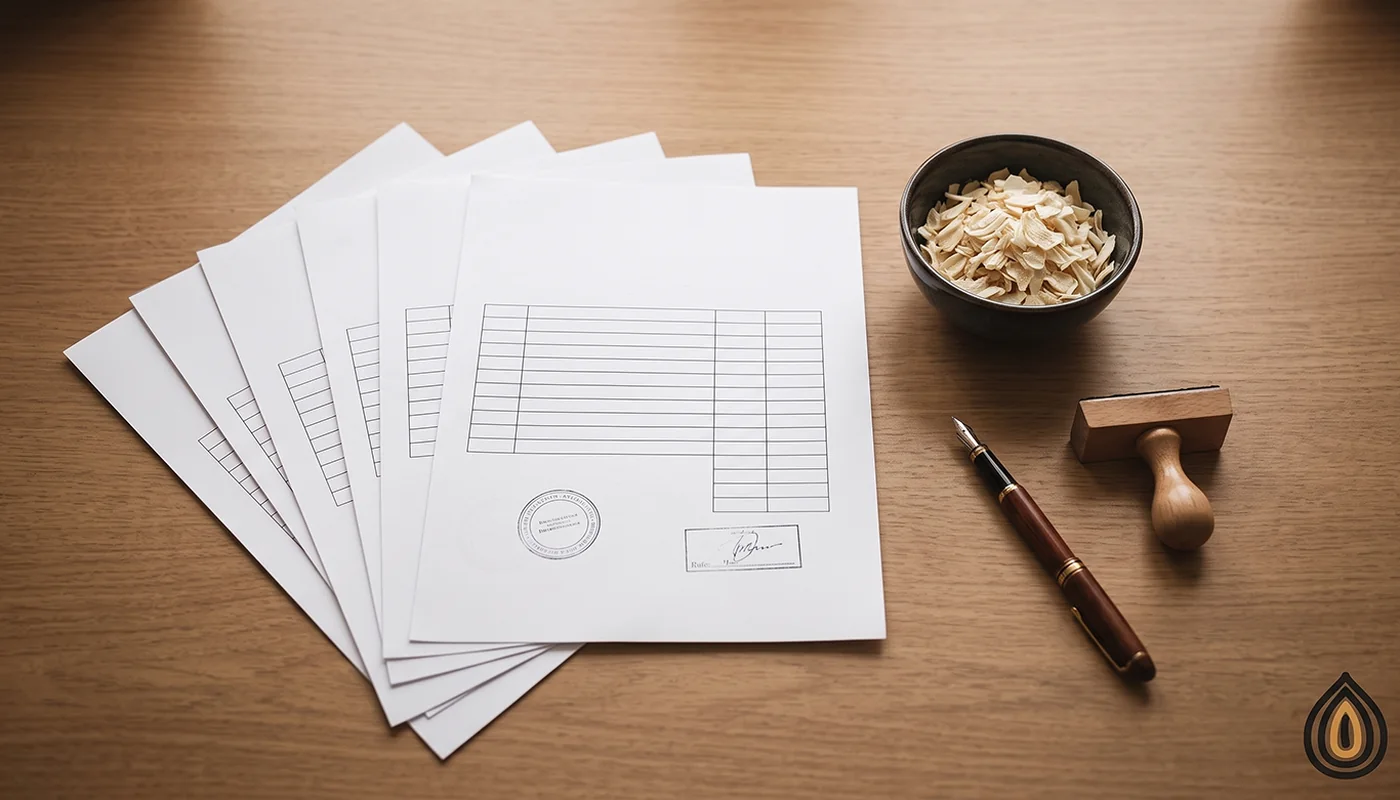 Export document set on a desk: invoice, packing list, bill of lading and certificates beside a sample of onion flakes