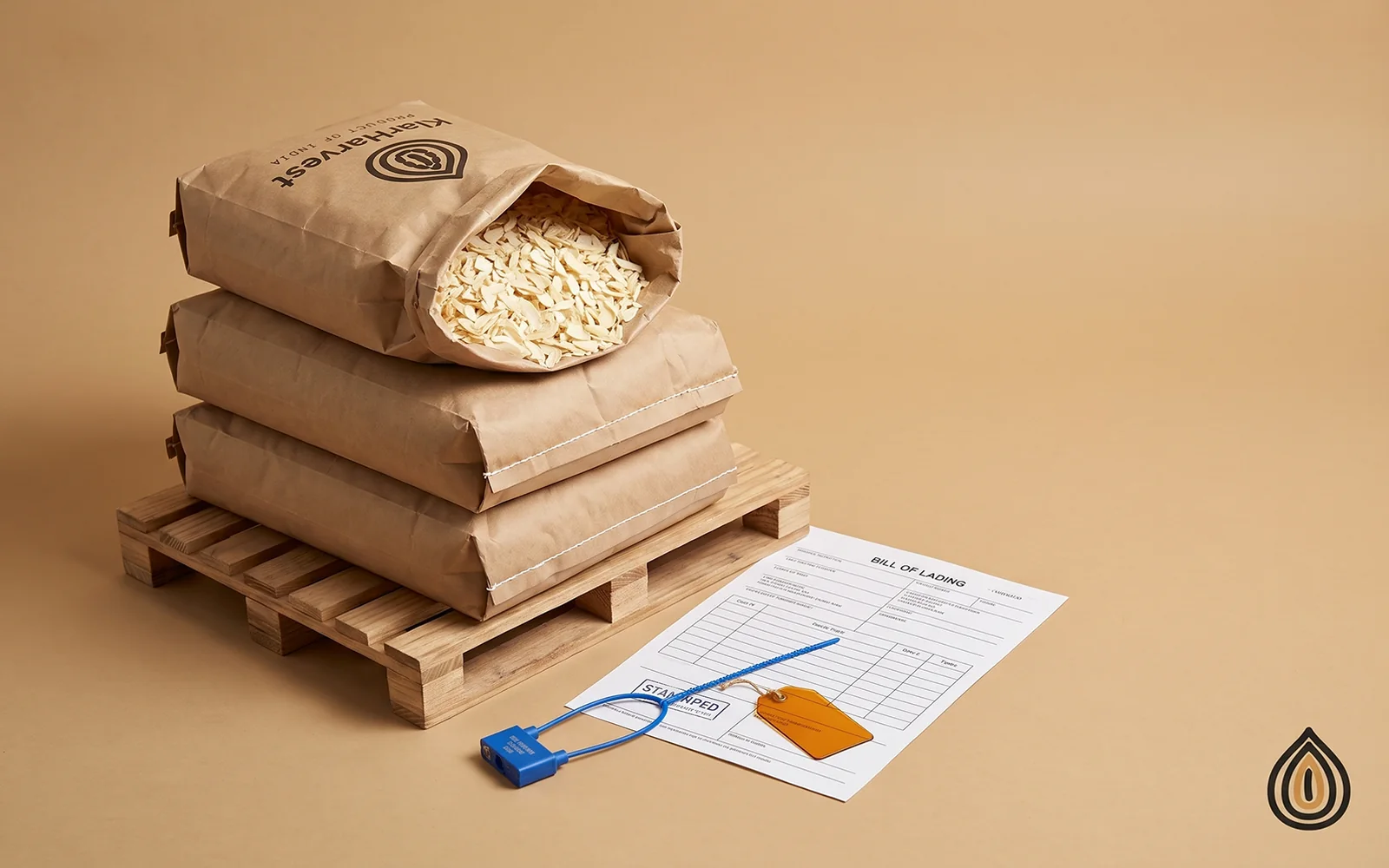 Sealed kraft bags of dehydrated onion stacked on a pallet beside a stamped bill of lading and a blue container bolt seal