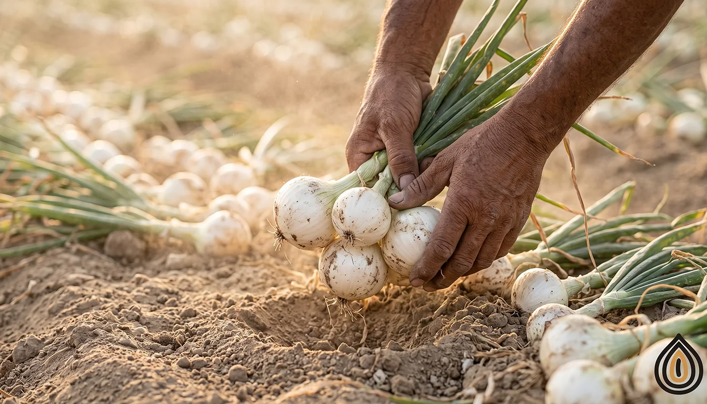 Farmers' hands lifting white onions from dry loam soil in a Gujarat field in morning light