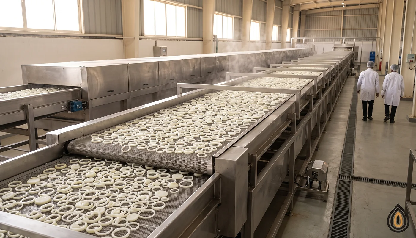 Interior of a Mahuva dehydration plant with a long stainless steel belt dryer and workers in hairnets