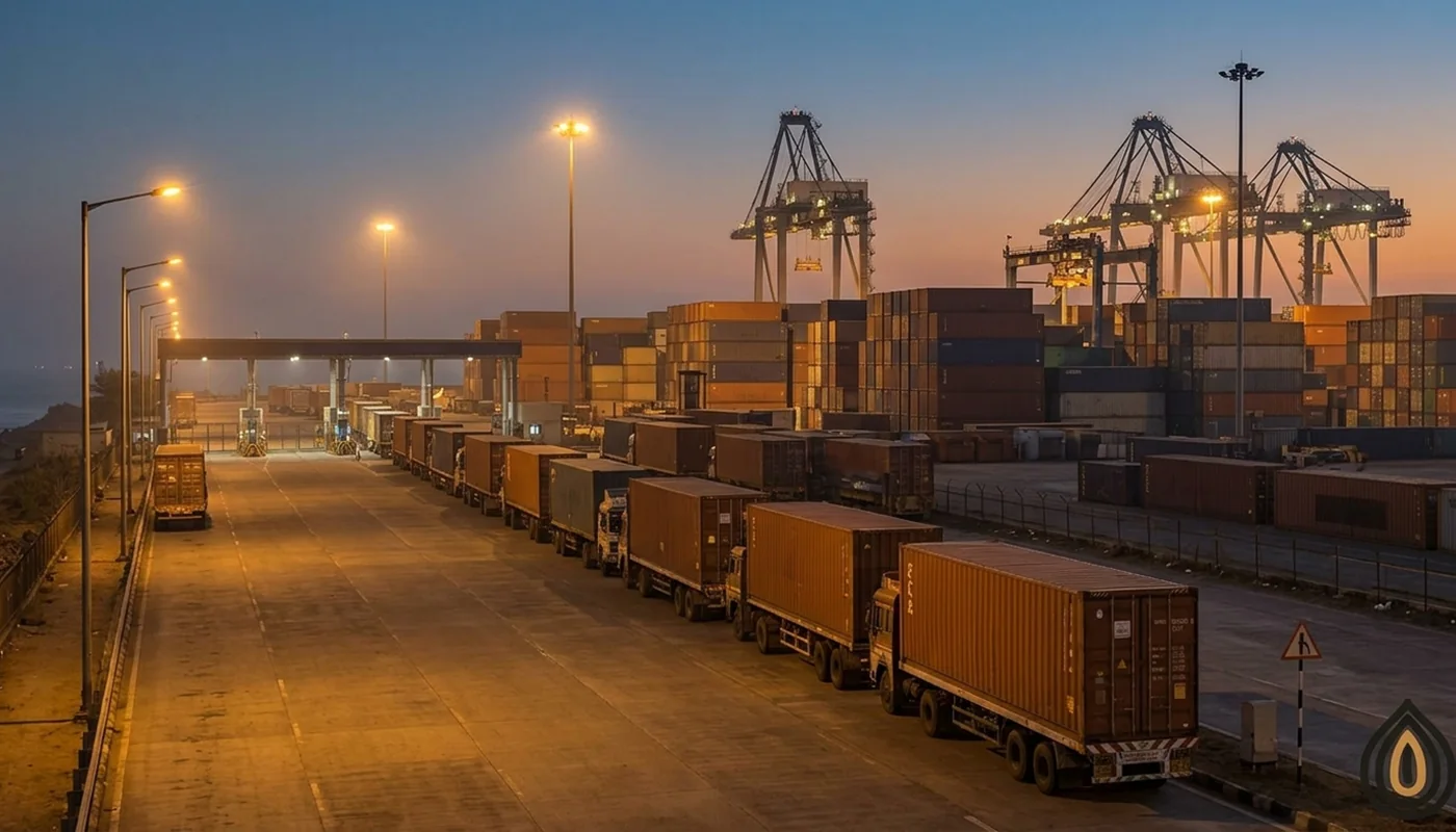 Trucks with containers queuing at the gate of Pipavav port on the Gujarat coast at dusk