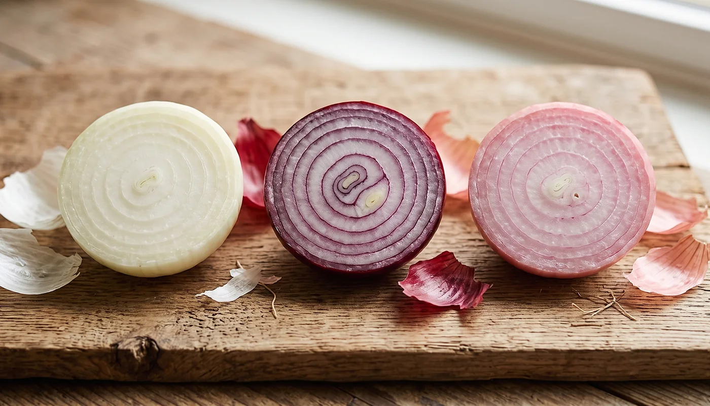 Fresh white, red and pink onions cut in half on a wooden board showing their ring colours