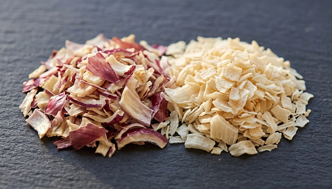 Macro of dehydrated red onion flakes with reddish-purple skin fragments next to pale white onion flakes on slate