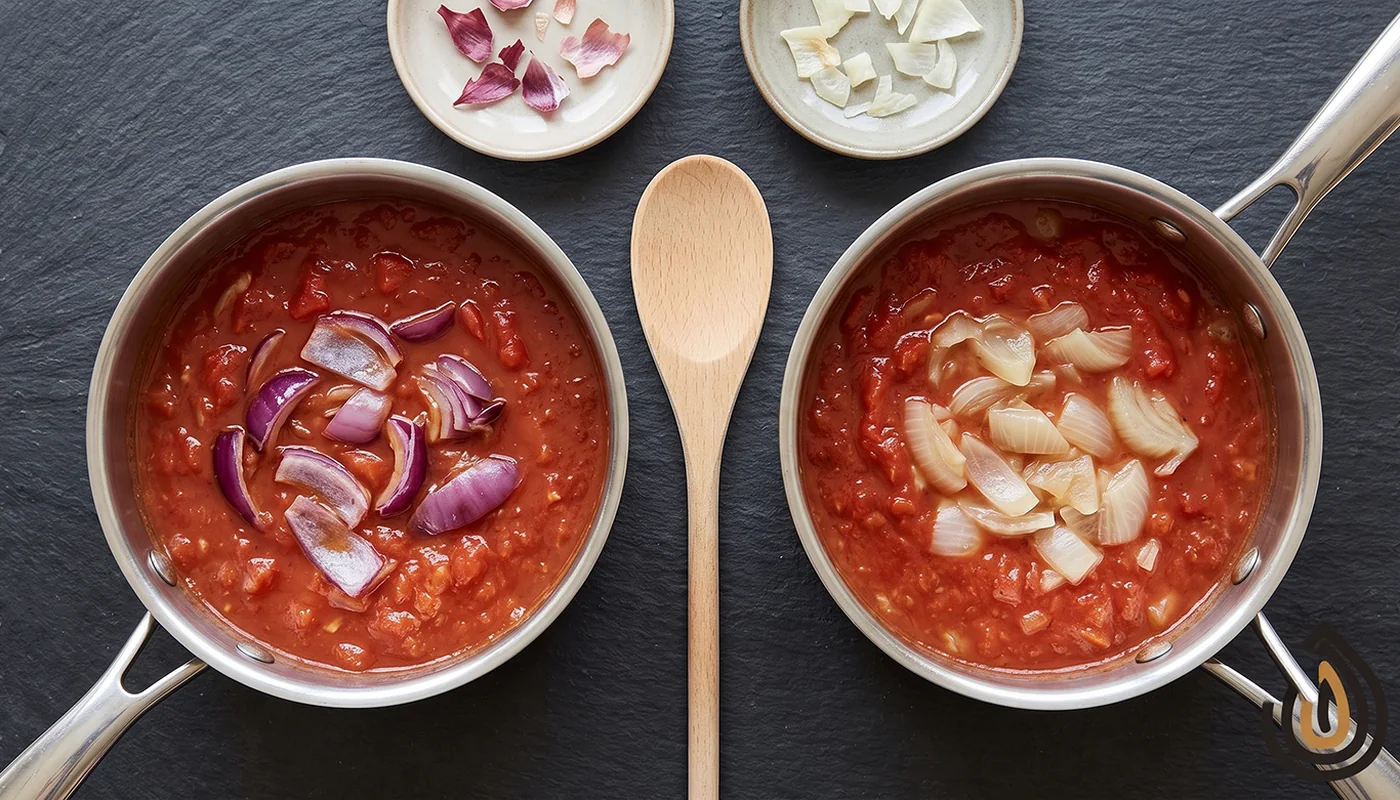 Two small pans of tomato sauce, one with visible red onion pieces and one with pale white onion pieces