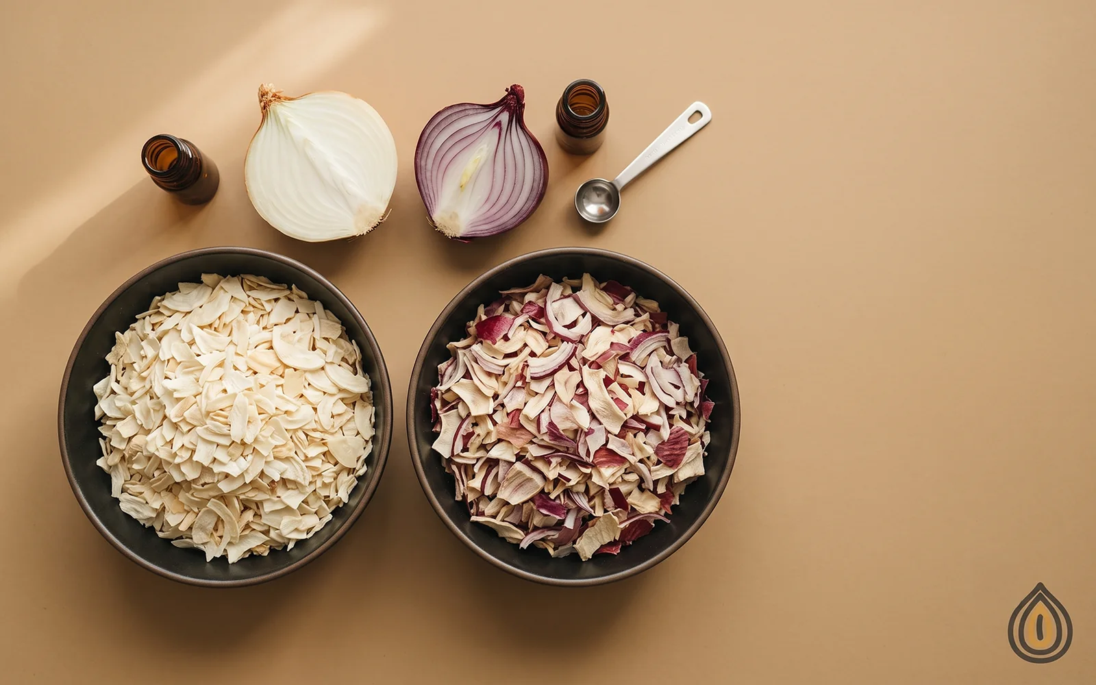Two bowls side by side, ivory dehydrated white onion flakes and dehydrated red onion flakes with purple skin fragments