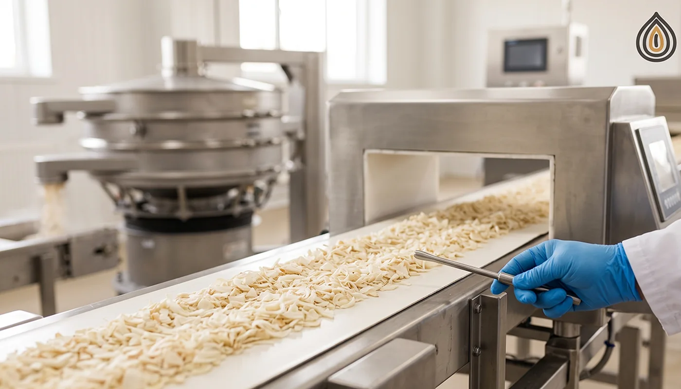 Metal detector and sieve station on a dehydrated onion packing line with a worker checking a test piece