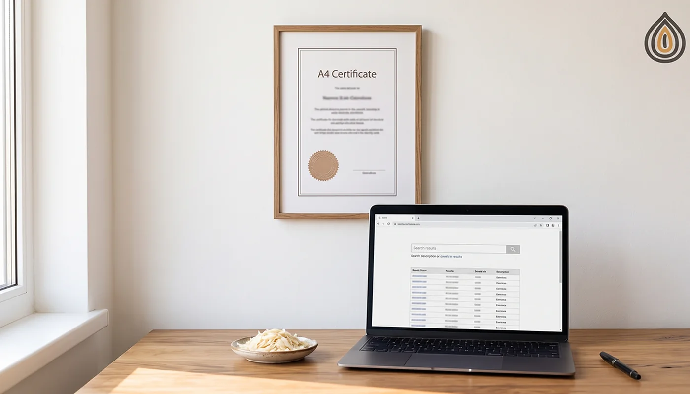 Framed food safety certificate on a plant office wall next to a laptop showing a directory search