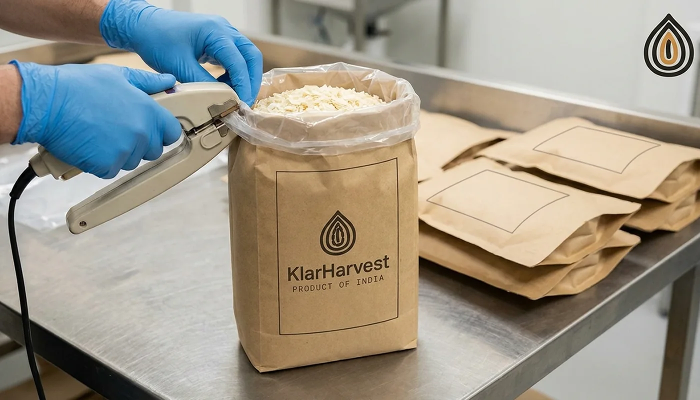 Heat-sealed liner inside a kraft bag of onion flakes being closed on a plant packing bench