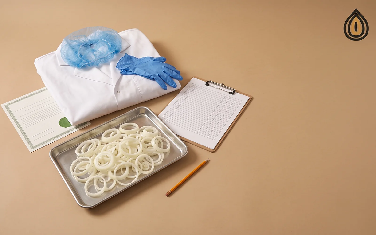 Tray of sliced white onion, folded lab coat with hairnet and gloves, a checklist and a sealed certificate on a plain backdrop