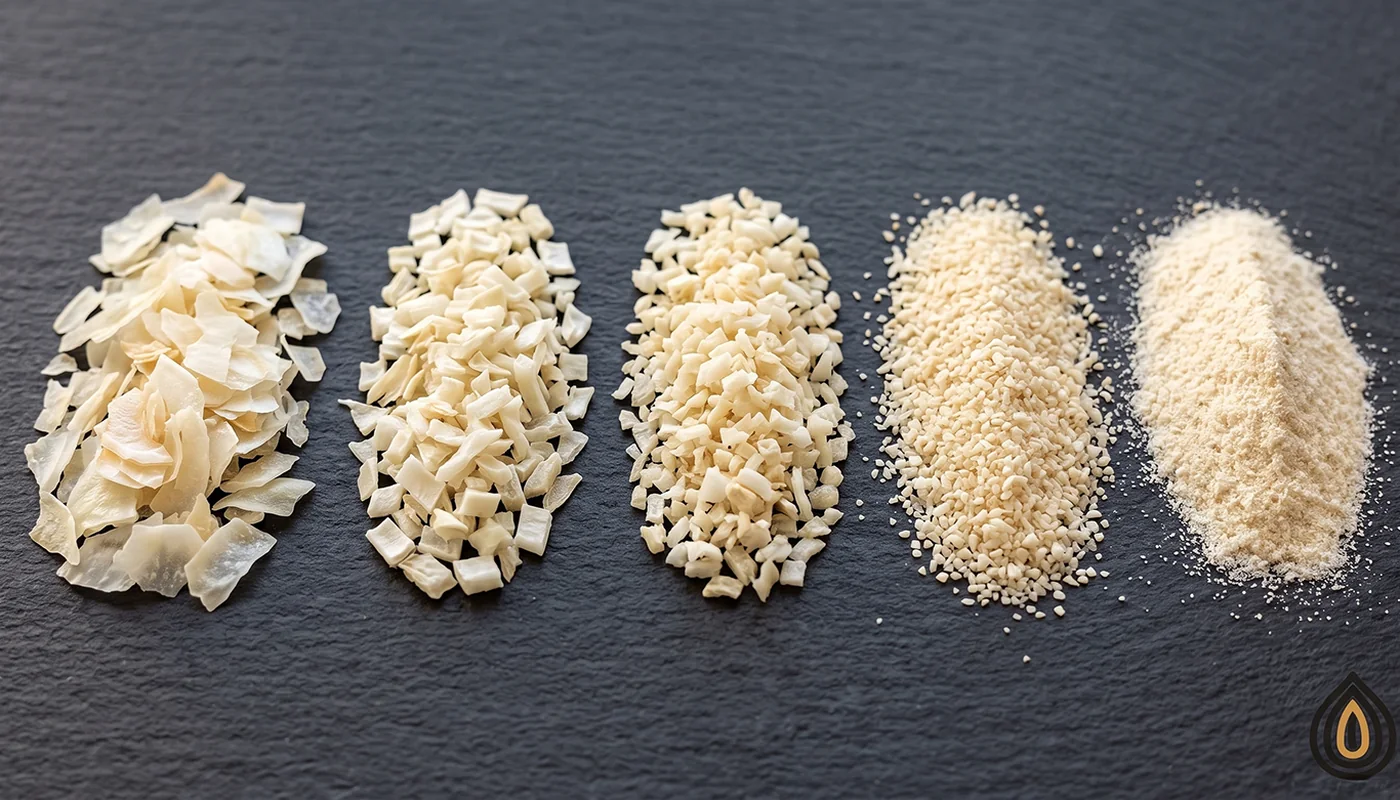 Dehydrated white onion flakes, chopped, minced, granules and powder laid out in a row on slate, largest to finest