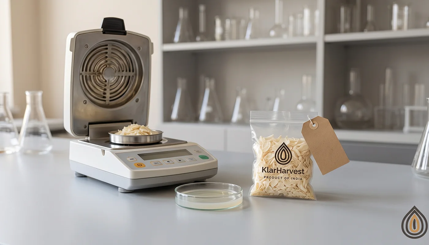 Laboratory bench with a moisture analyser, a petri dish and a sample bag of dehydrated onion flakes