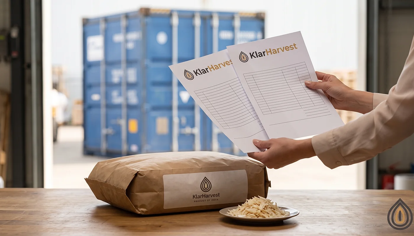 Hands comparing two printed export quotes beside a sealed 20 kg kraft bag of onion flakes, container behind