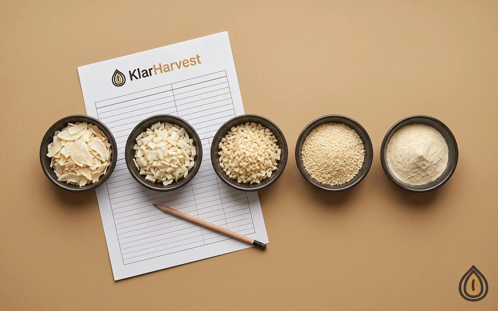 Five bowls of dehydrated white onion cuts from flakes to powder on kraft paper beside a printed specification sheet