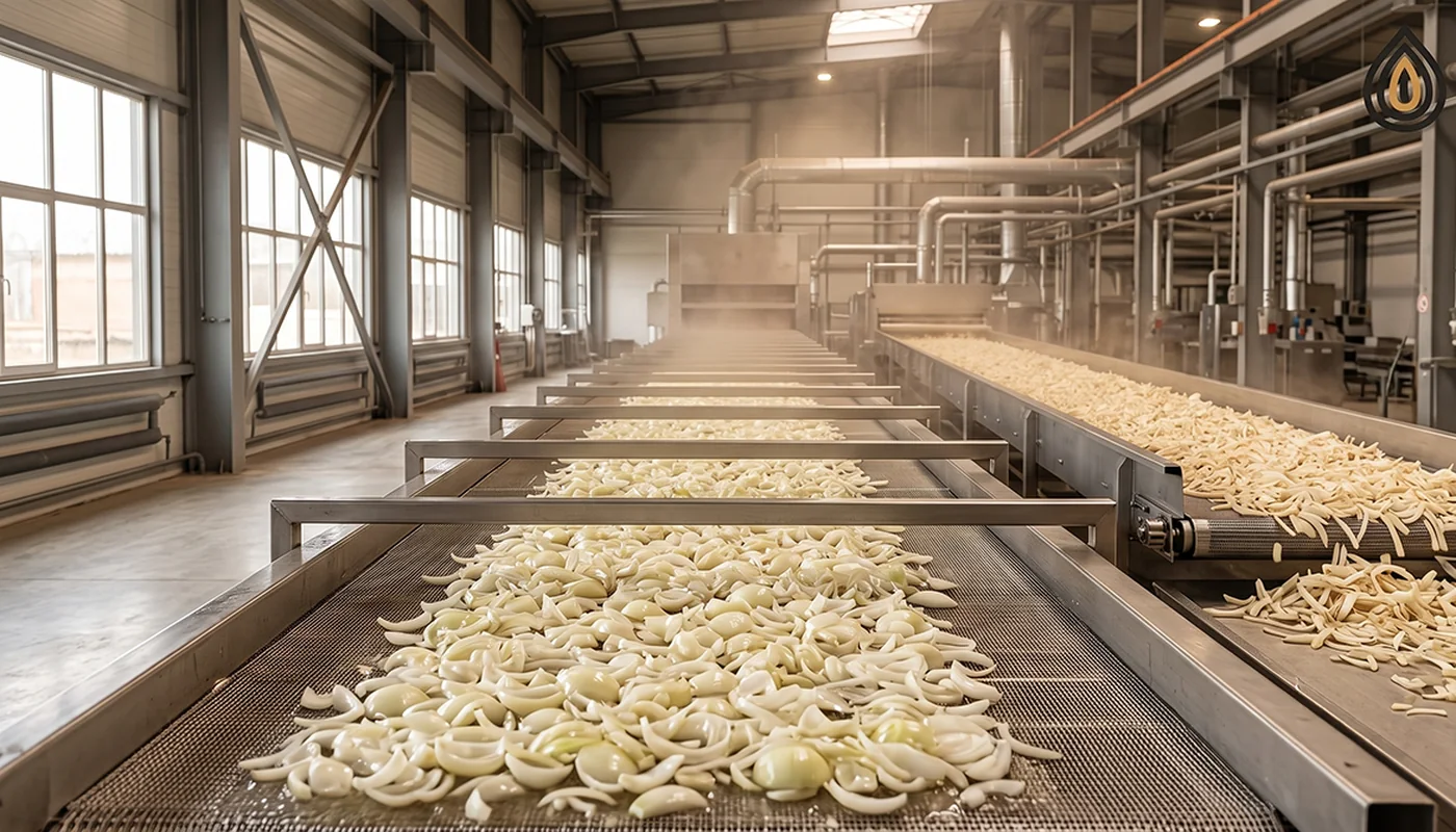 Sliced onion on a belt dryer with pale product at the wet end and slightly darker product at the dry end