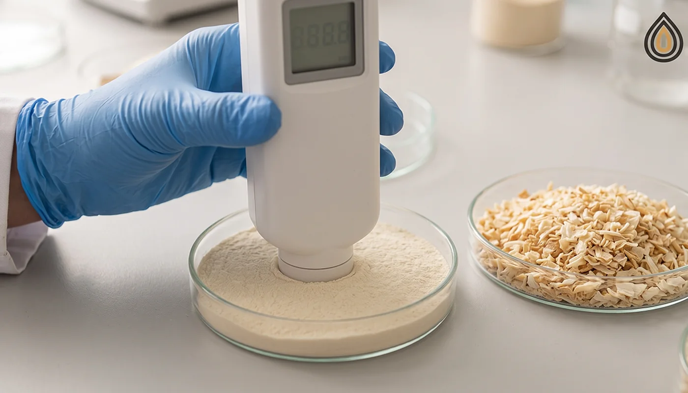 Handheld colour meter measuring a flat sample of onion powder in a glass dish under daylight
