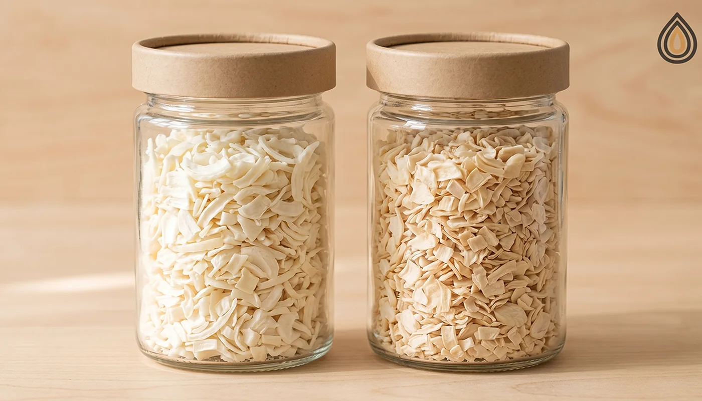 Two jars of onion flakes side by side, one freshly dried and bright white, one after a year in storage and cream