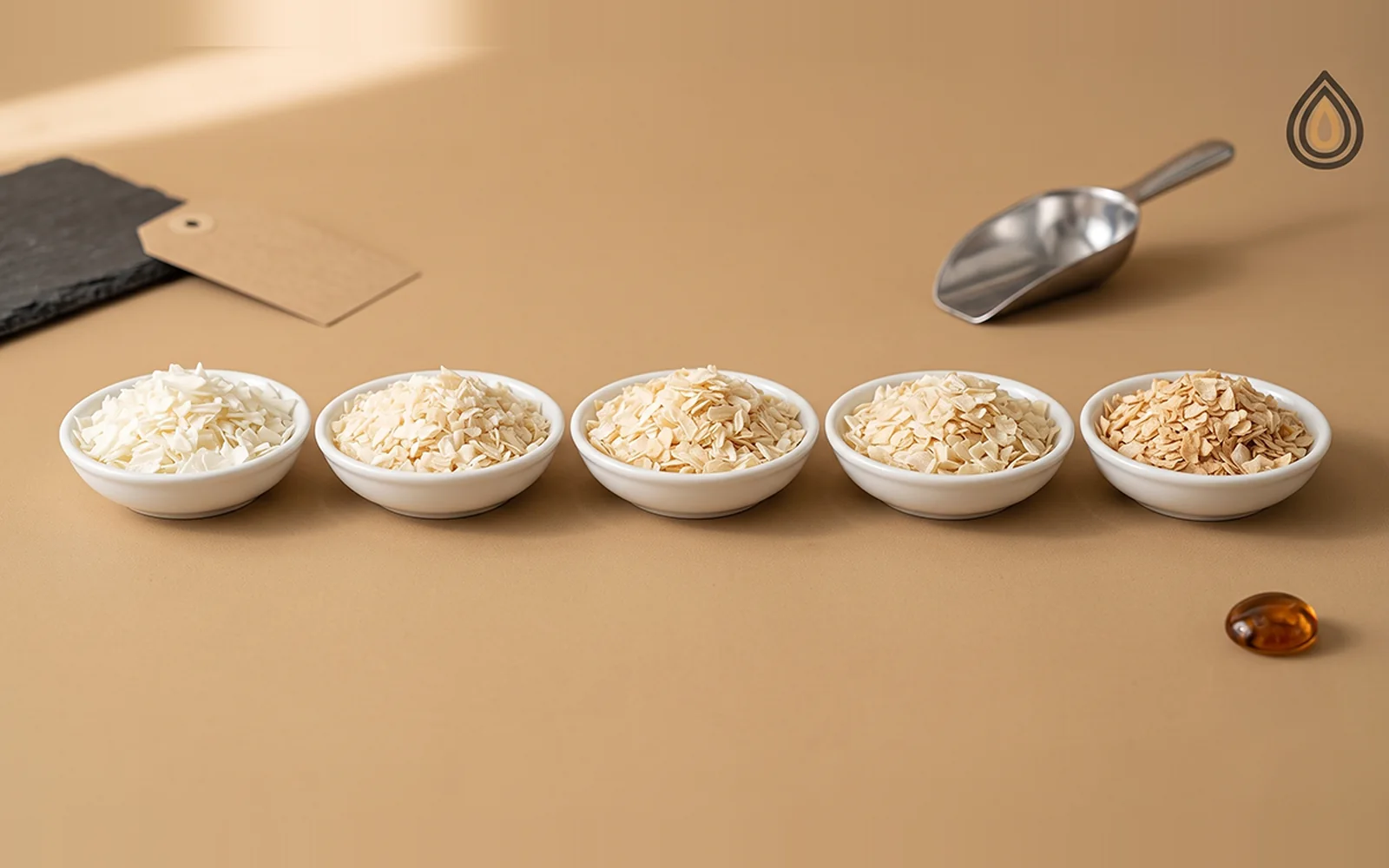 Five small dishes of white onion flakes in a row grading from bright white to pale cream on a slate surface