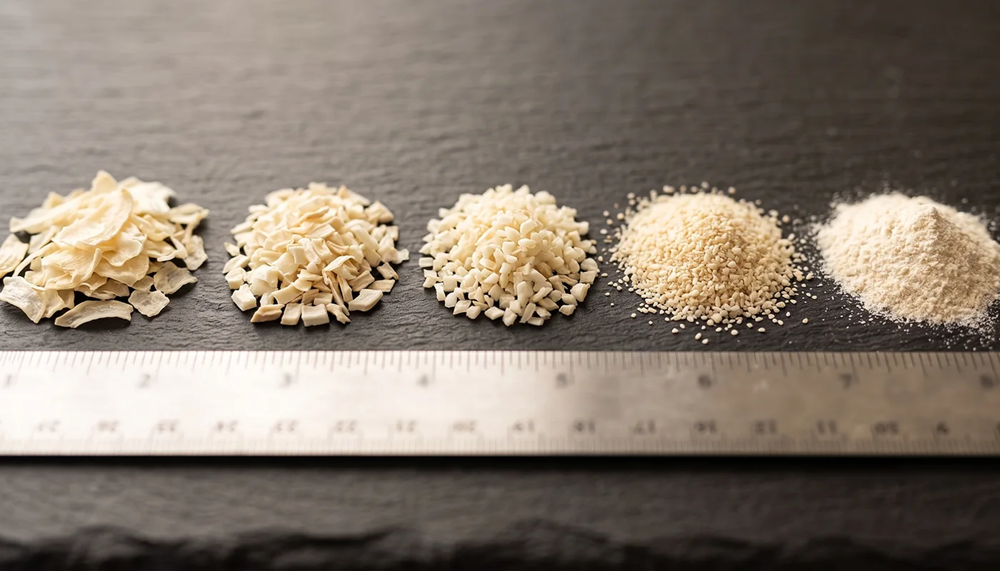 Close-up row of dehydrated white onion flakes, chopped, minced, granules and powder on slate with a steel ruler