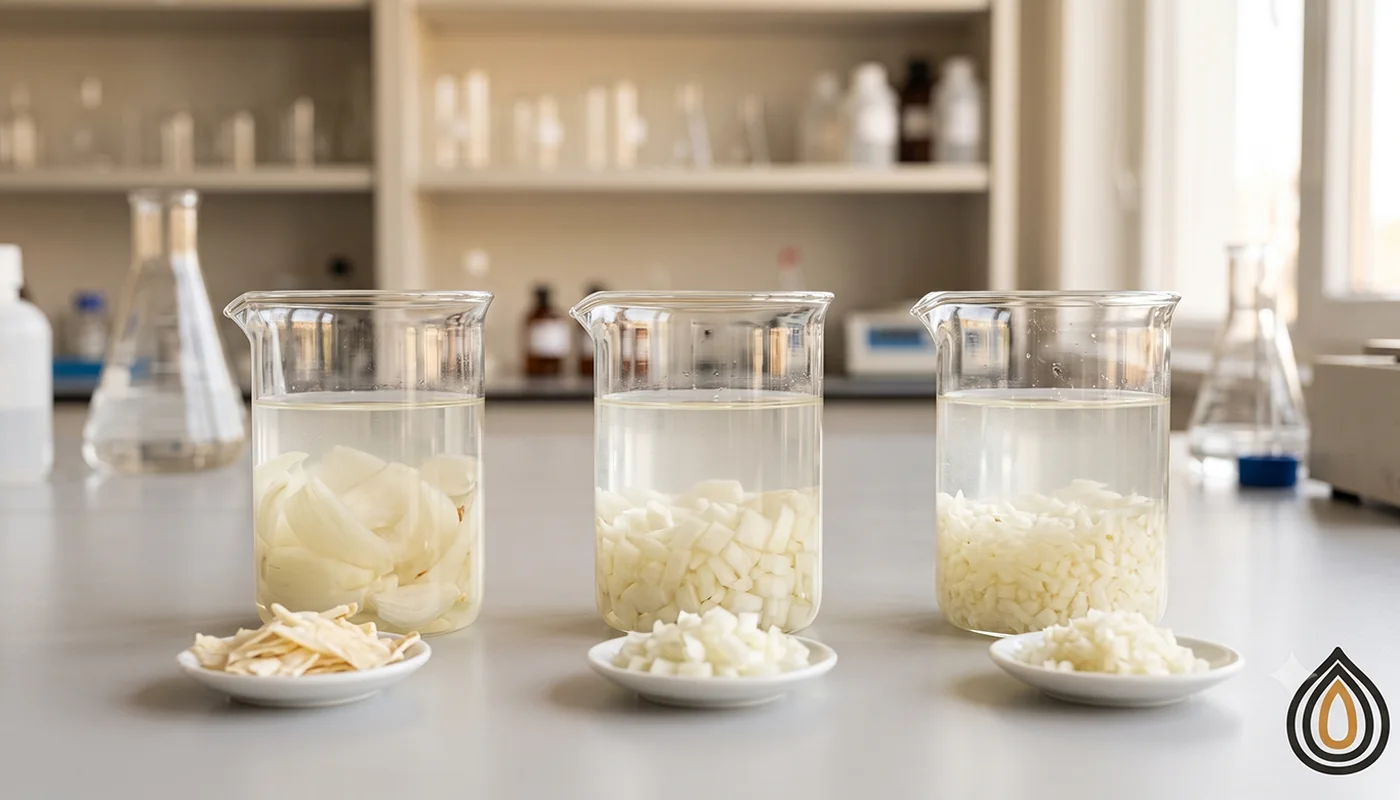 Three glass beakers of water with onion flakes, chopped and minced rehydrating side by side on a lab bench