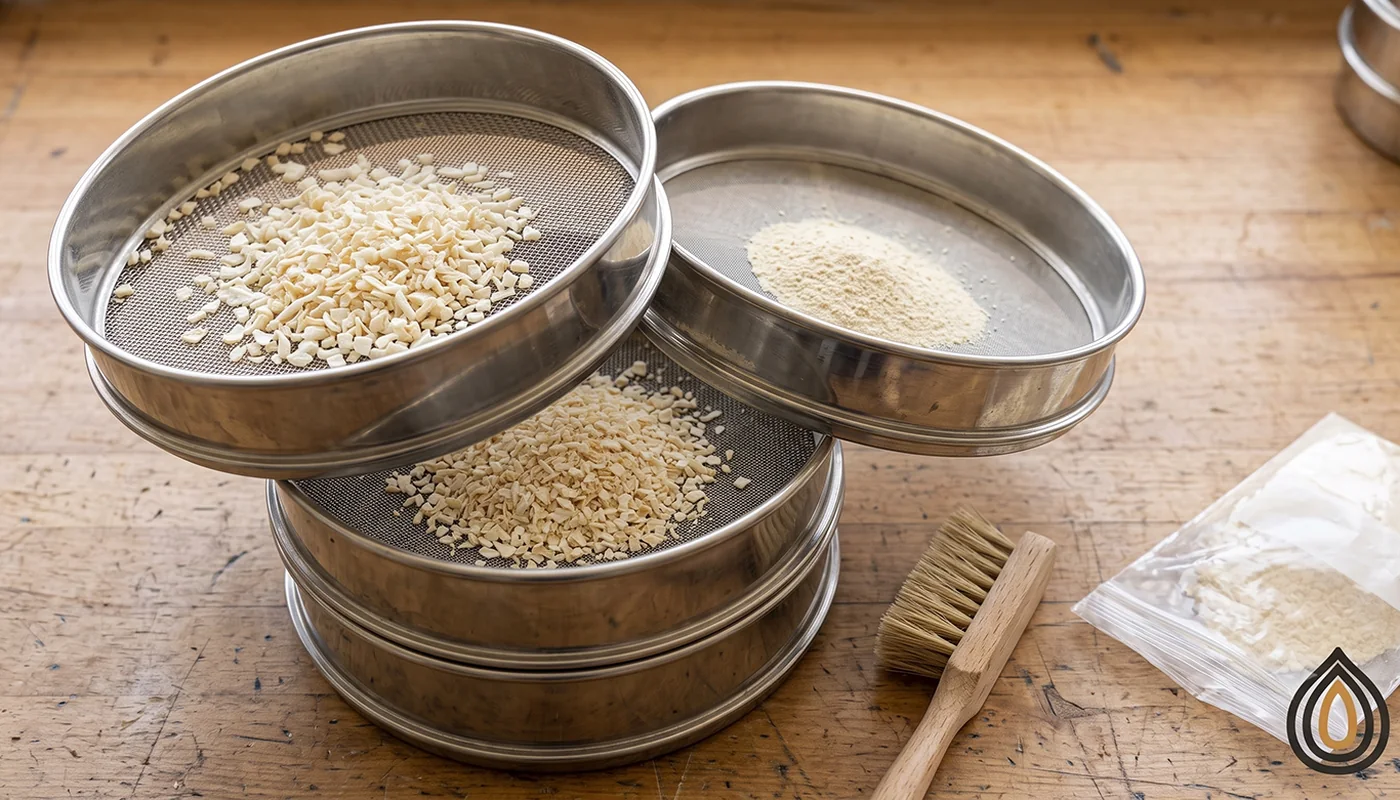 Stack of laboratory test sieves with dehydrated onion granules separated into fractions on a workbench