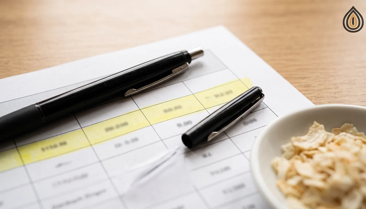 Close-up of an export invoice line with a pen resting on it, dehydrated onion flakes in a small dish beside
