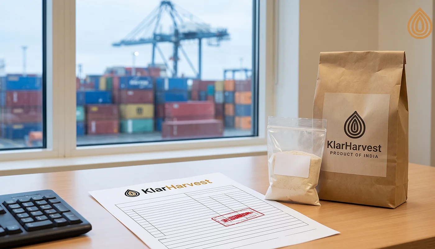 Customs officer's desk with a stamped declaration form and a sample bag of onion powder at a European port office