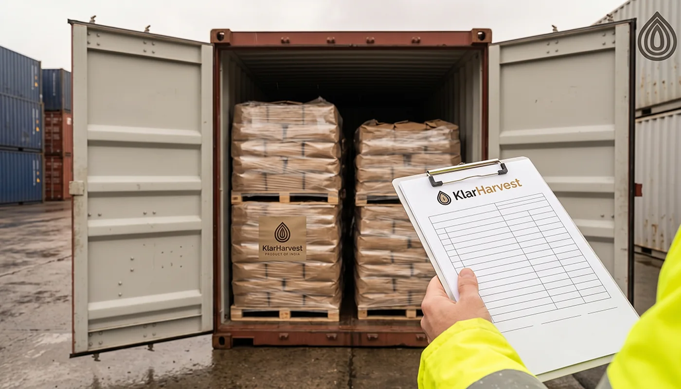 Container with its doors open at a port inspection bay, pallets of onion bags visible, an inspector's clipboard in front