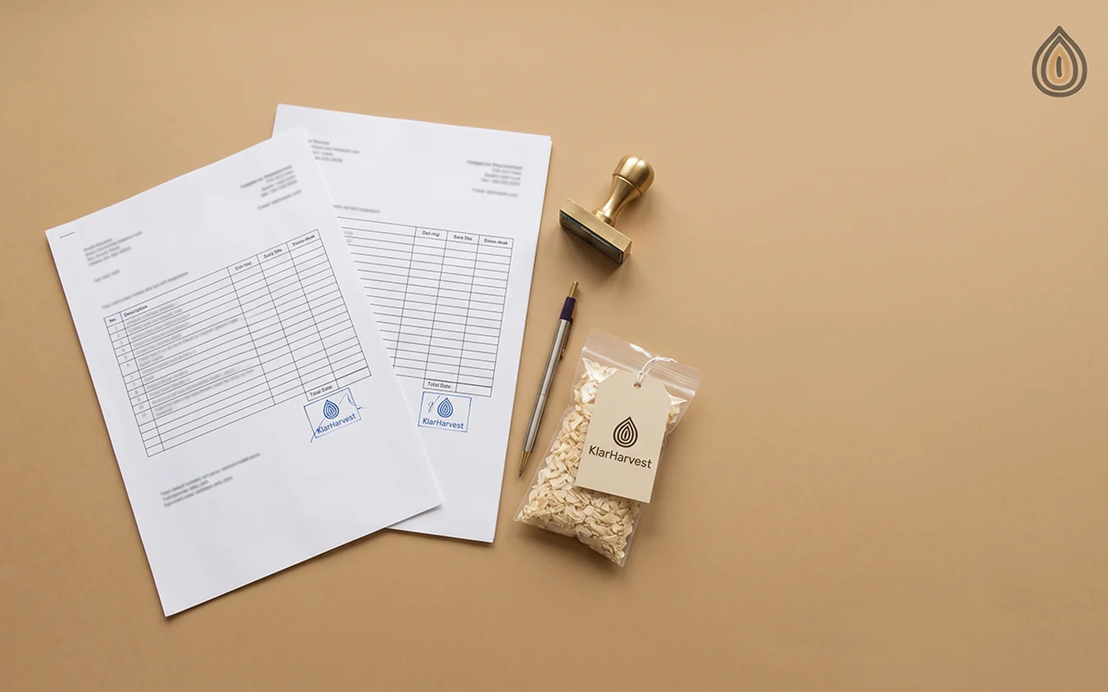 Commercial invoice and packing list with a customs stamp beside a bag of dehydrated onion flakes on a desk