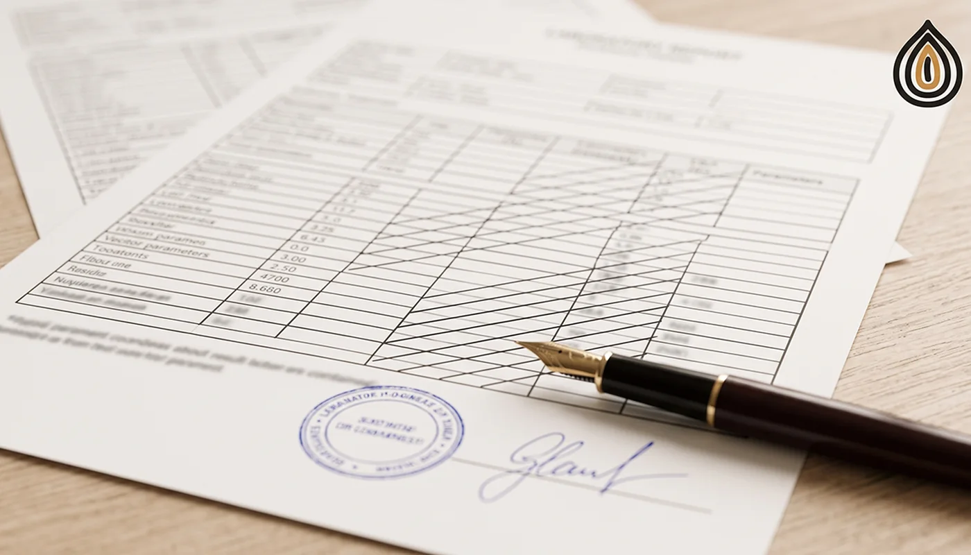 Close-up of a laboratory report table with rows of results, a stamp and a signature, the text out of focus