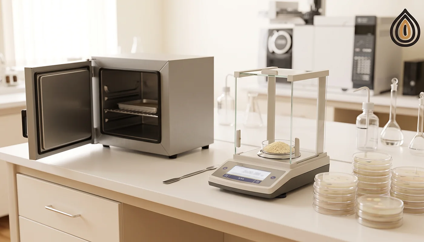 Accredited food laboratory bench with a moisture oven, balance and petri dishes of onion sample under daylight