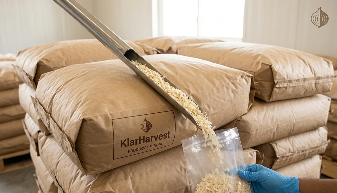 Sampling spear drawing dehydrated onion granules from a stacked kraft bag in a warehouse into a sterile bag