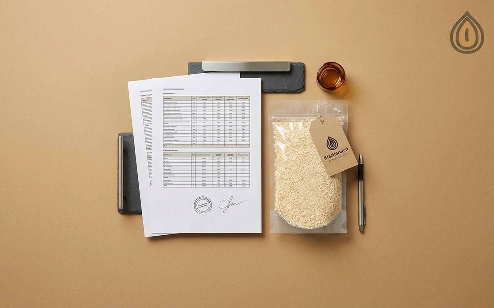 Printed laboratory certificate of analysis lying beside a sealed sample bag of dehydrated onion granules on a bench