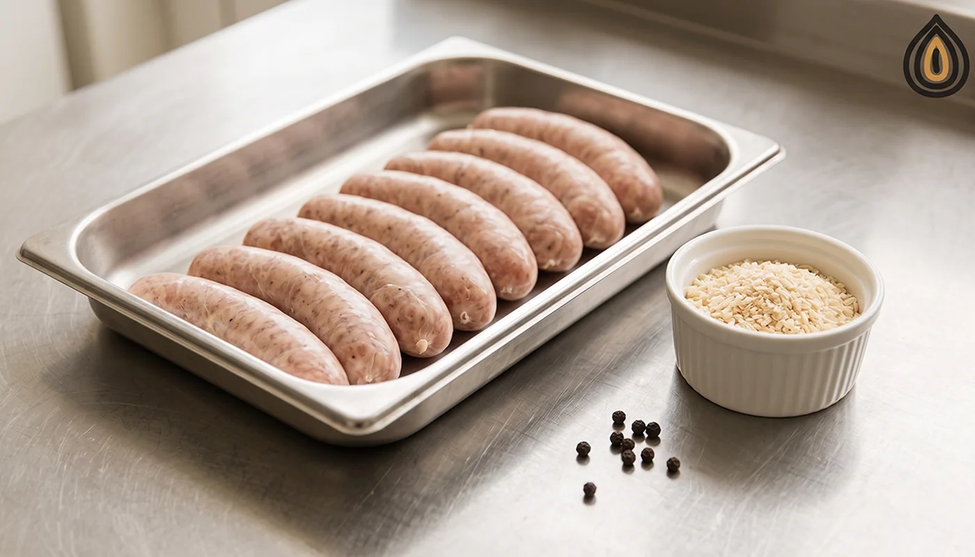 Fresh sausages on a stainless steel tray with a small dish of dehydrated onion granules beside them