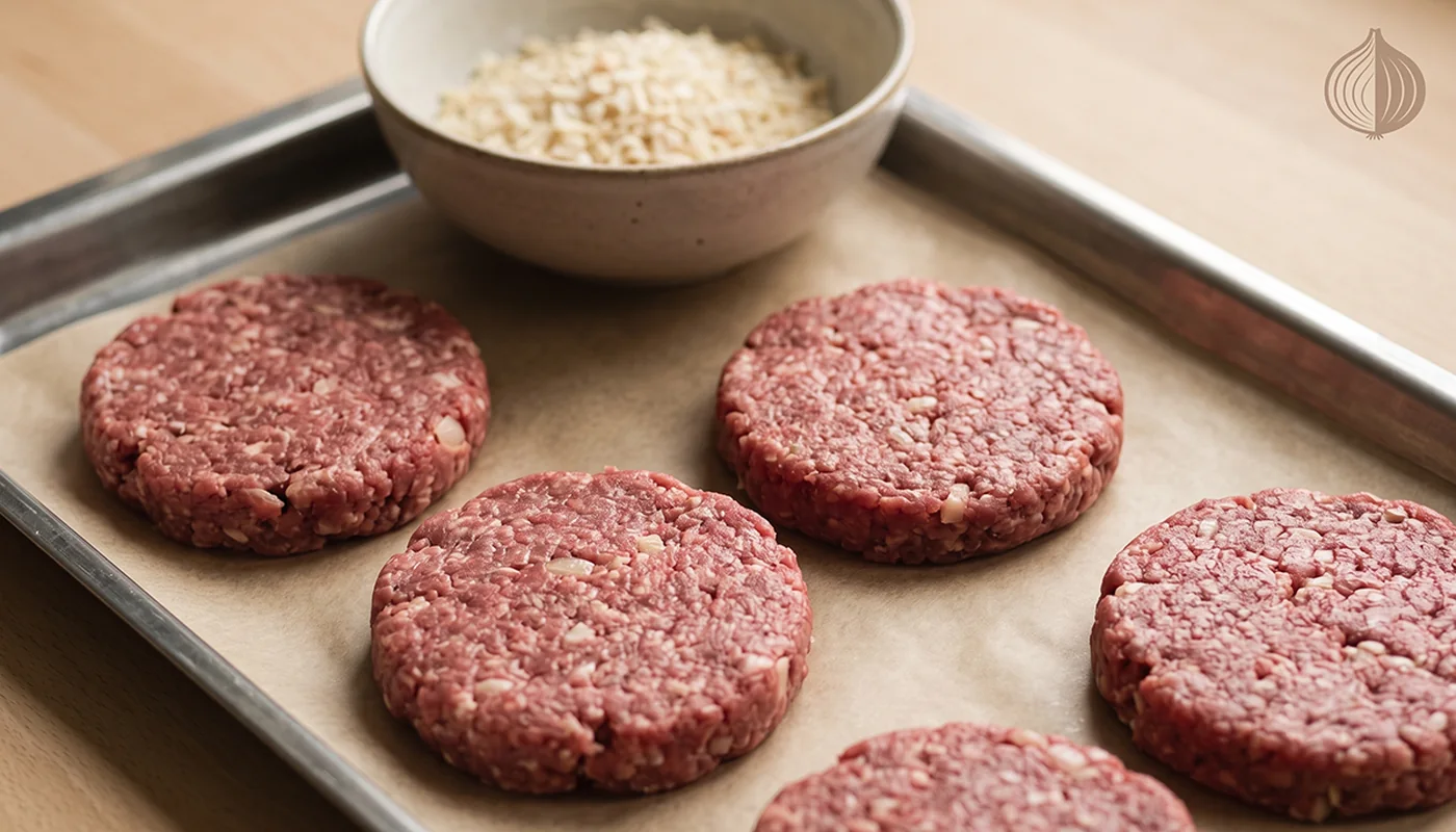 Raw burger patties on baking paper with visible flecks of rehydrated onion, a bowl of dried minced onion in the background