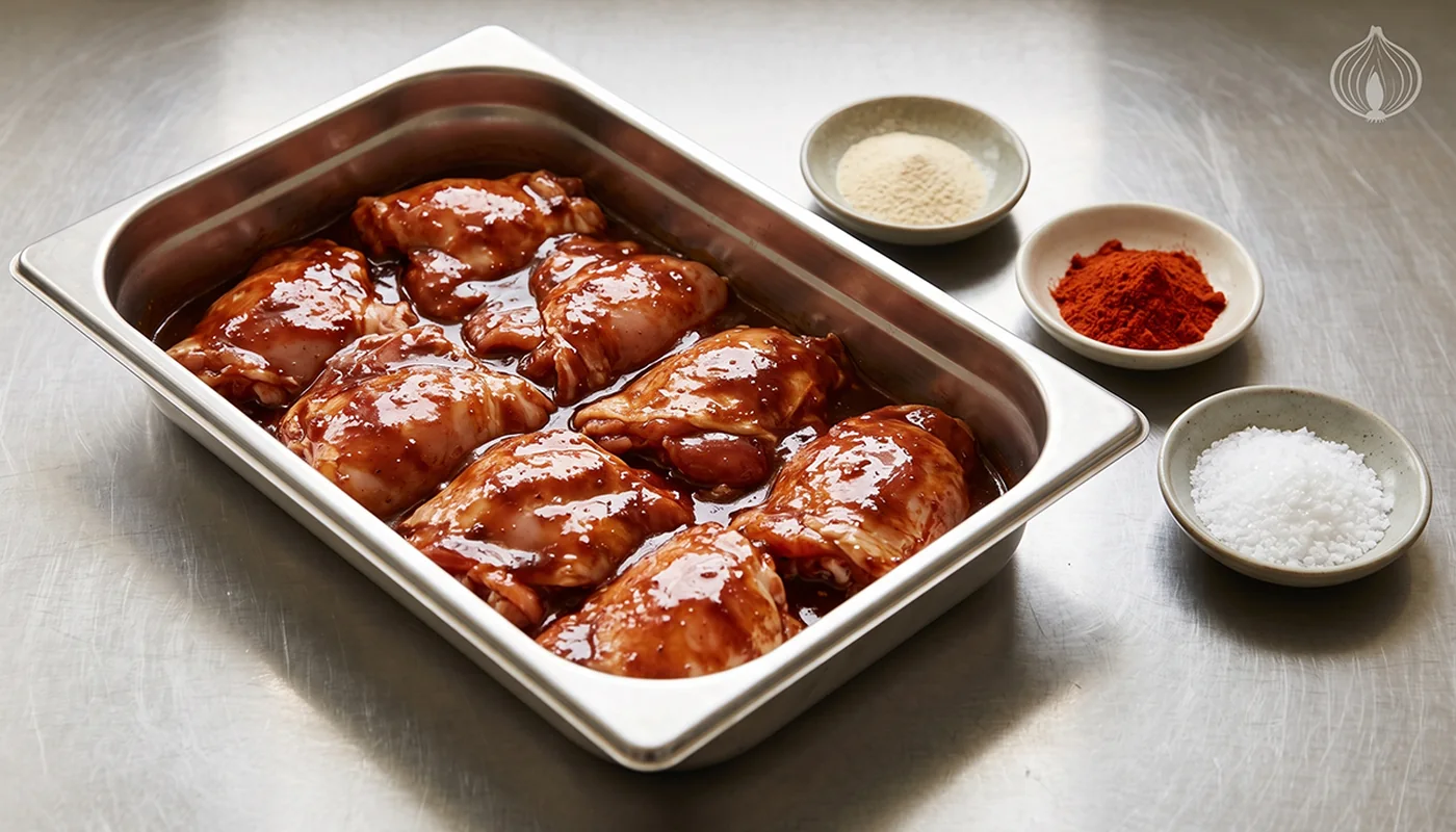 Chicken pieces in a dark marinade in a steel tray with onion powder and spices in small dishes alongside