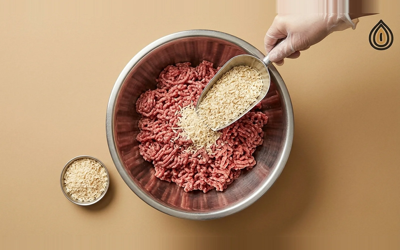 Minced meat in a stainless steel mixing bowl with dehydrated minced onion being added from a scoop