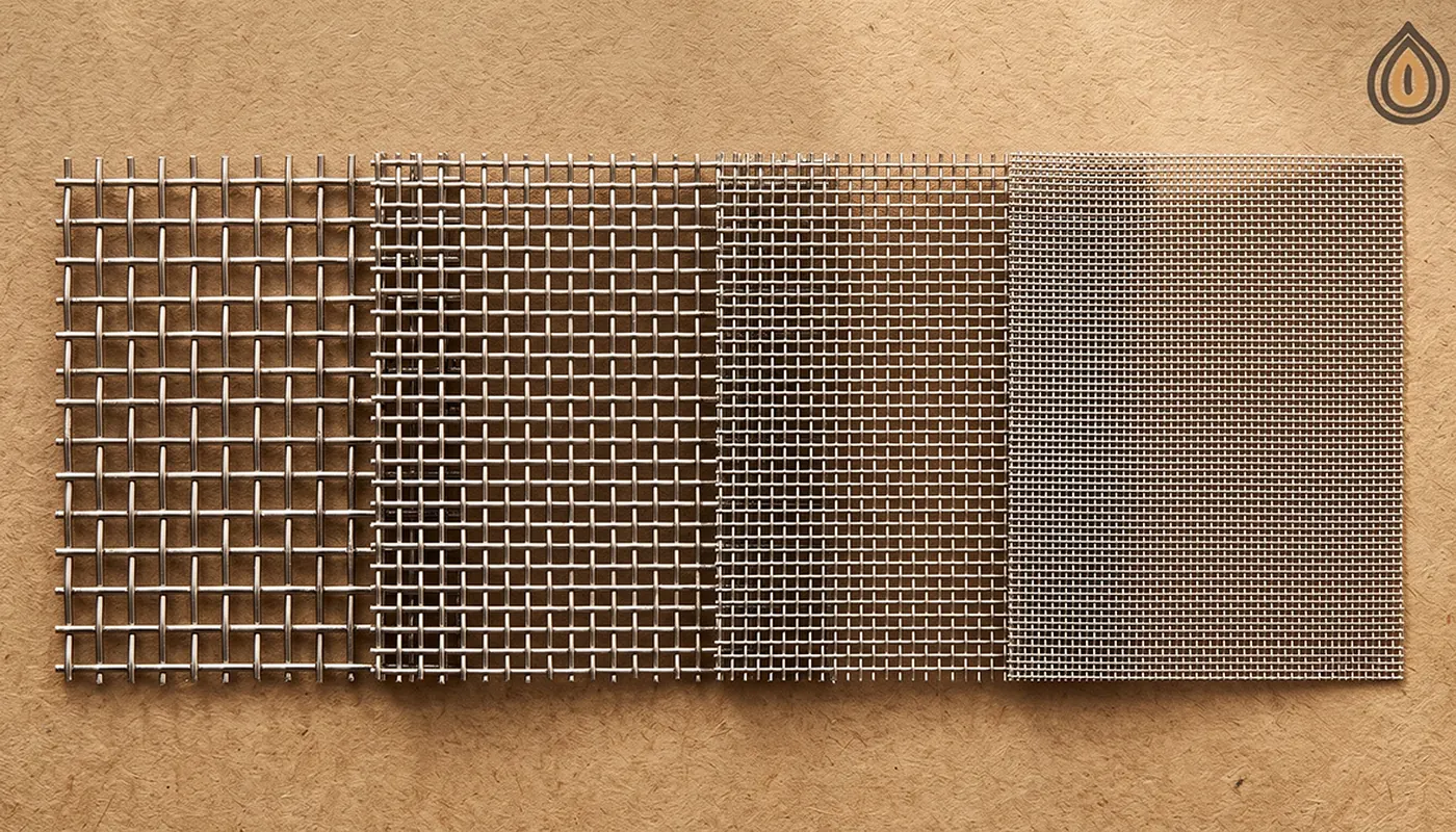 Close-up of woven wire test sieve meshes of four different fineness laid side by side in daylight