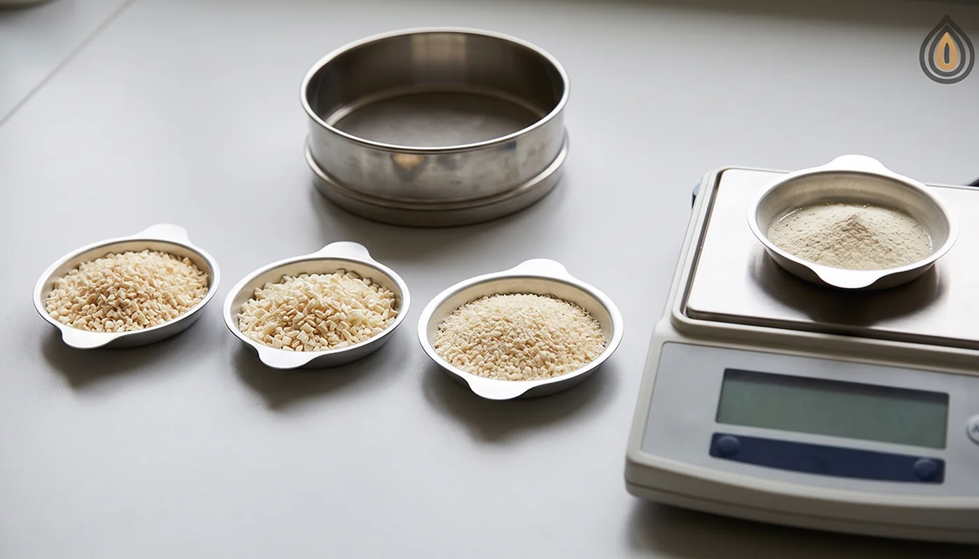 Sieve analysis in progress: onion granule fractions weighed in four dishes beside a laboratory balance