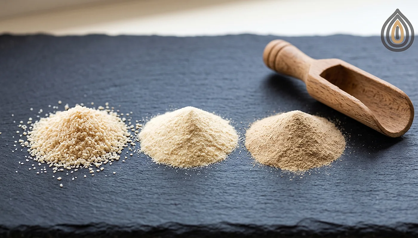 Three mounds of white onion powder of increasing fineness on slate, the finest noticeably darker