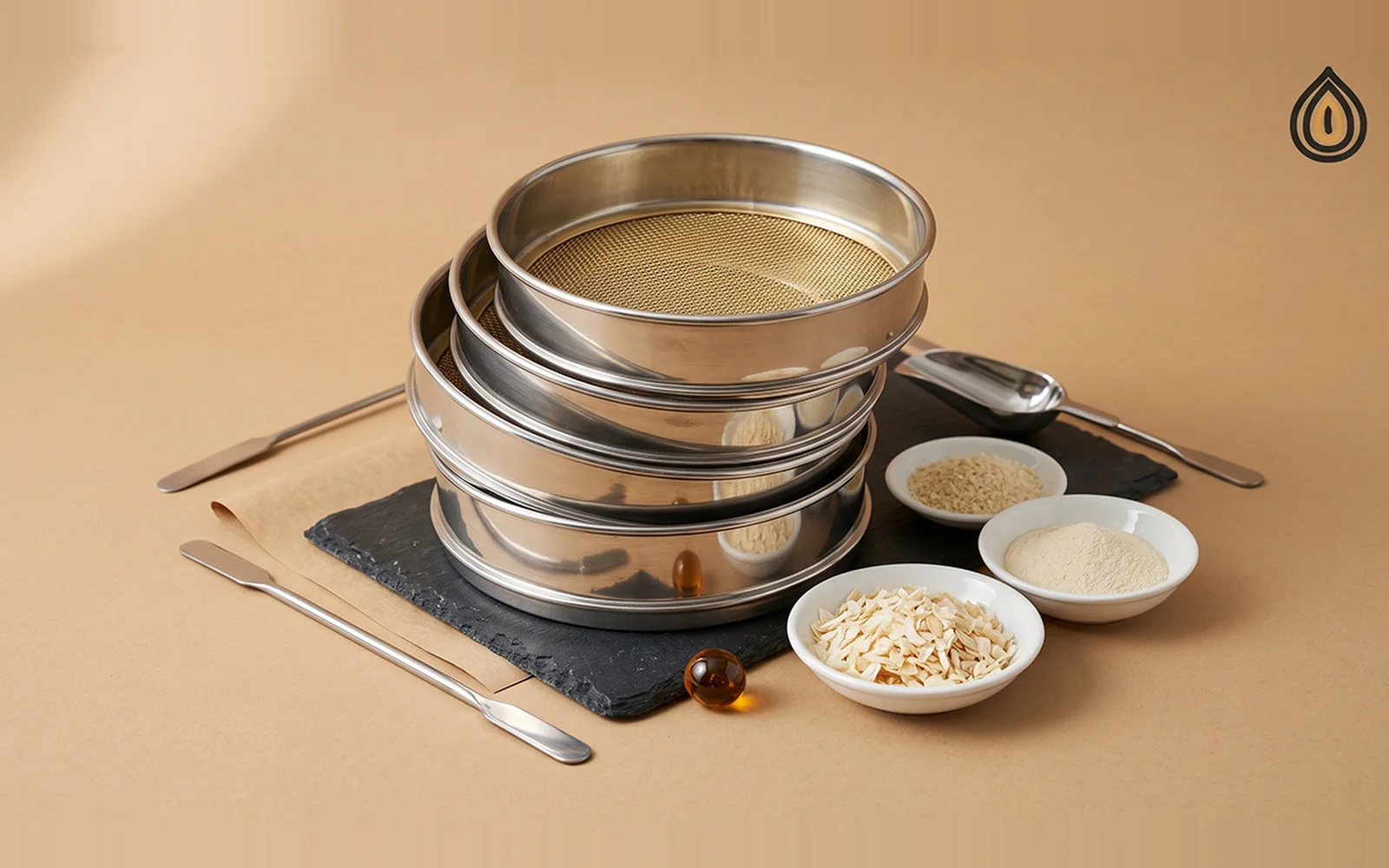 Five stainless steel test sieves stacked on a bench with dehydrated onion granules and powder in dishes beside them