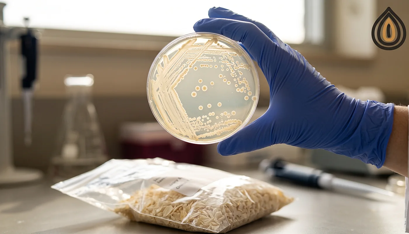 Close-up of an agar plate with scattered colonies held over a sample bag of onion flakes in a food laboratory