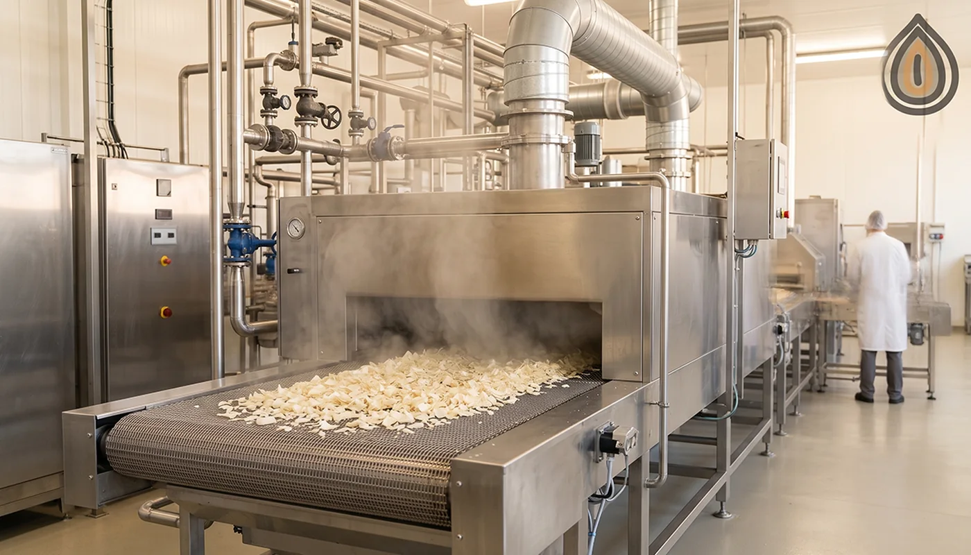 Stainless steel steam treatment tunnel in a dehydration plant with faint steam and onion flakes on the belt