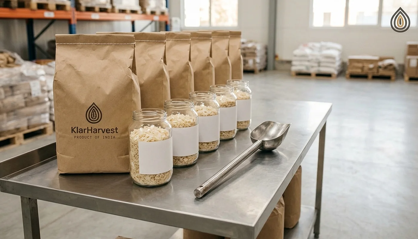 Five labelled sample jars of onion flakes drawn from different bags of one lot, with a sampling scoop