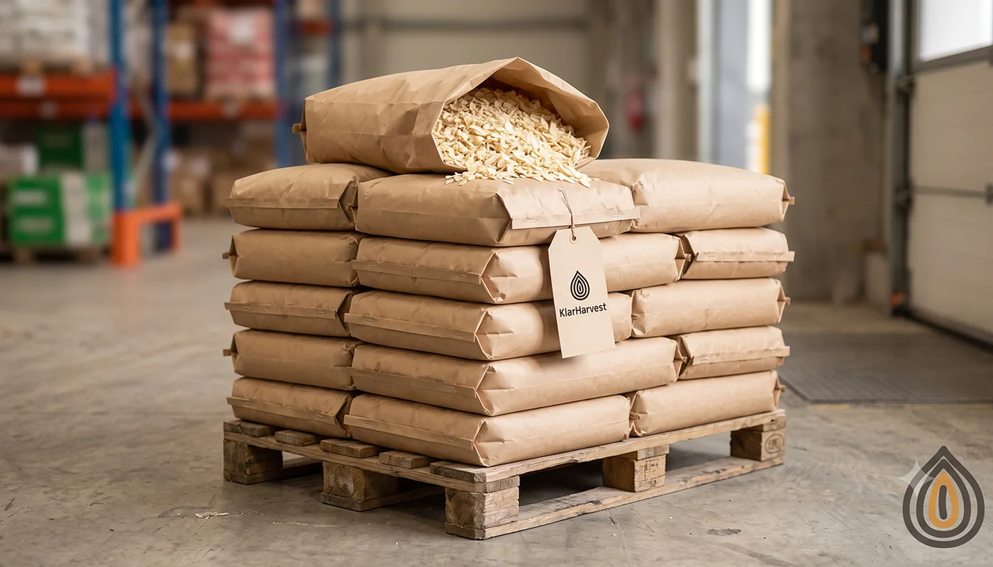 Close-up of a pallet stacked with sealed kraft bags of dehydrated onion, one bag open showing flakes