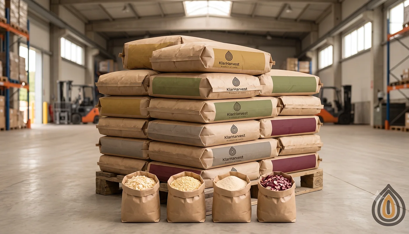 Mixed pallet with bags of white onion flakes, granules, powder and red onion flakes, each with a different label