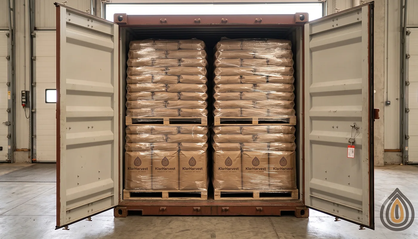 Open 20 foot container fully loaded with sixteen pallets of onion bags, seen from the doors at a loading bay