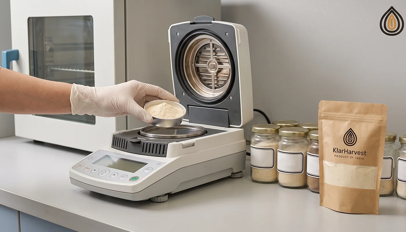 Analyst placing a dish of onion powder into a halogen moisture analyser, drying oven behind