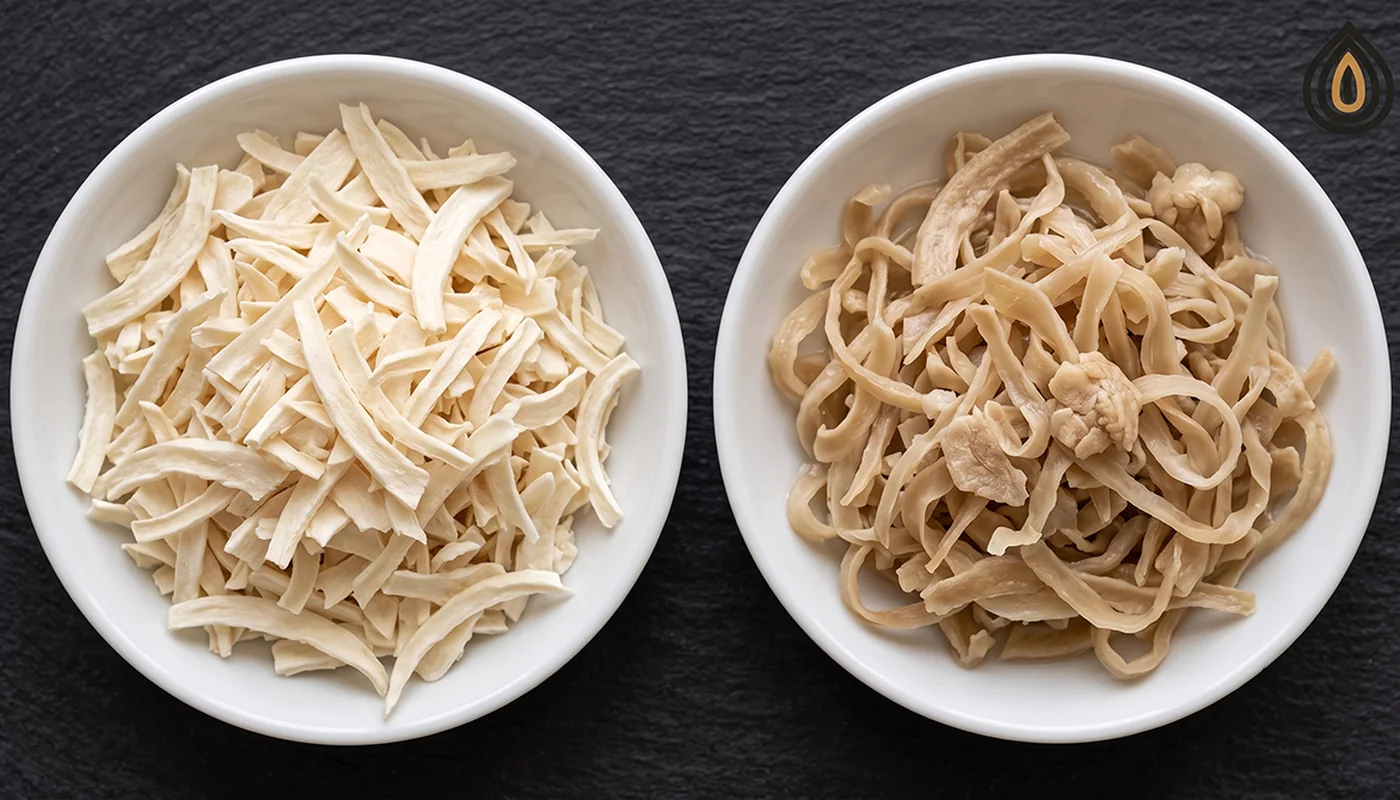 Two dishes of onion flakes side by side, one crisp and pale, one limp and darker from moisture uptake
